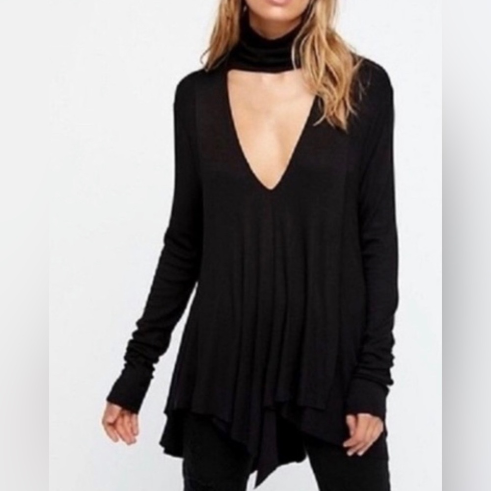 Free People Cutout Ribbed Turtleneck Asymmetrical Top Black Size Small